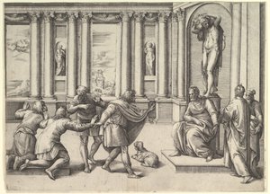 Homem sentado sob uma estátua de Baco, recebendo uma audiência, c. 1530-61.