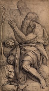 São Jerônimo ajoelhado diante de um crucifixo, com caveira e leão, ca. 1550-60.