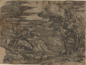 Paisagem com um homem conduzindo um cavalo de Battista Franco, after Titian
