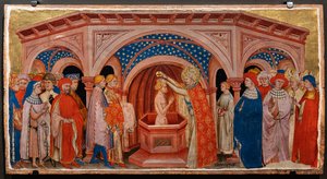 Papa S. Silvestre baptizando Costantine em Laterano (tempera no painel) de Battista da Vicenza