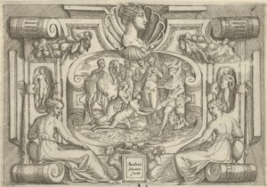 Um homem e uma mulher oferecendo uma bandeja de moedas a um rei sentado em um trono, colocado entre..., c. 1540-80.