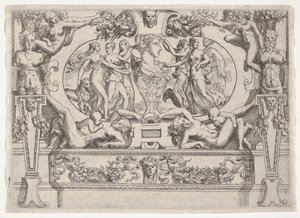 Busto de mulher ladeado por três mulheres de cada lado, dentro de uma moldura elaborada, ca. 1540-80. de Battista del Moro