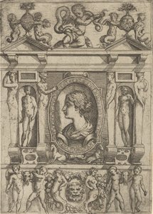 Busto de mulher de perfil virado para a esquerda, inserido em moldura elaborada com figuras em n..., c. 1540-80.