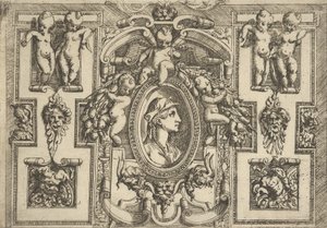 Busto de mulher de perfil virado para a direita, inserido numa moldura elaborada com putti, ..., ca. 1540-80.
