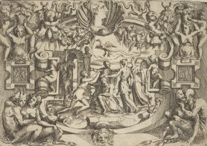 Quatro mulheres cercando uma figura sentada, um pássaro acima delas, dentro de um elaborado ..., ca. 1540-80.