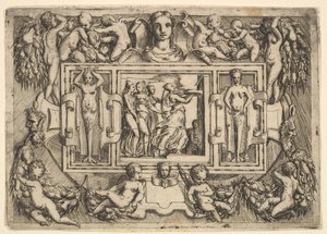 A sibila cumeia caminhando para a direita e carregando uma bandeja, seguida por três mulheres..., ca. 1540-80.