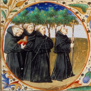 Cena de vida monástica. Detalhe representando monges da ordem dos agostinianos. Miniatura tirada do "Livro de horas de acordo com o uso de Paris" iluminado pela oficina do Mestre de Bedford. 1450. Paris, B.N. de Bedford Master Workshop