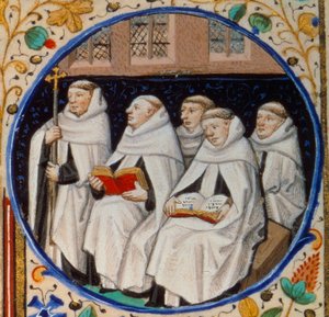 Cena de vida monástica. Detalhe representando monges da ordem do Carmen. Miniatura tirada do "Livro de horas de acordo com o uso de Paris", iluminado pela oficina do Mestre de Bedford. 1450. Paris, B.N. de Bedford Master Workshop