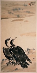 Dois corvos-marinhos (pergaminho suspenso e cor sobre papel) de Beihong Xu