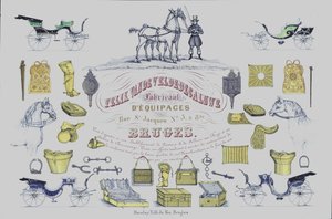 Anúncio de Felix Van de Velde-Decaluwe, fabricante de carruagens puxadas por cavalos, Bruges, Bélgica (litografia a cores) de Belgian School