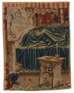 Beatrix Soetkens na cama, da primeira cena da primeira tapeçaria de um conjunto de quatro representando a "Lenda de Nossa Senhora de Sablon", feita em Bruxelas, Bélgica de Belgian School