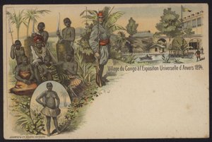 Aldeia congolesa exposta na Exposition Internationale d "Anvers, Antuérpia, Bélgica, 1894 de Belgian School