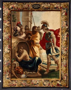 Diógenes e Alexandre: encontro entre o filósofo grego Diógenes de Sinope (413-327 a.C.) no seu barril e o rei Alexandre Magno (356-323 a.C.) em Corinto. Quando o conquistador lhe perguntou o que queria, Diógenes respondeu: "Tirar um pouco do meu sol". Toqu de Belgian School