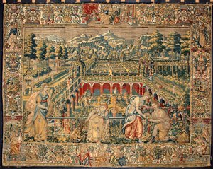 Cena de colheita de frutos. Tapeçaria das manufacturas de Bruxelas. Século XVI Genes, Musei di Strada Nuova de Belgian School