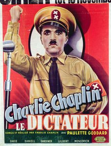 Cartaz publicitário do filme "O Grande Ditador" de Charlie Chaplin, estreado em 1940, c.1945 (litografia a cores)
