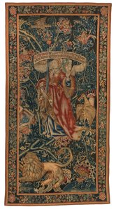 Tapeçaria, Sibylla Europa (uma das seis Sibilas do conjunto 46.134 a 45.139) denominada "As Tapeçarias Rothamsted". Fabricada na Flandres, Tournai ou Bruxelas, Bélgica, c.1530 (lã) de Belgian School