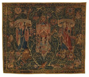 Tapeçaria, Sibylla Libya e Europa (uma de um conjunto de seis Sibilas, compreendendo 46.134 a 46.139) denominada "Tapeçarias Rothamsted", fabricada na Flandres, Tournai ou Bruxelas, Bélgica, c.1530 (lã) de Belgian School