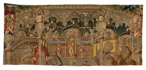 Fragmento de tapeçaria, representando Um Milagre do Santíssimo Sacramento, fabricado em Tournai, Bélgica de Belgian School