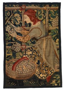 Fragmento de tapeçaria representando Vintager, possivelmente de Tournai de Belgian School