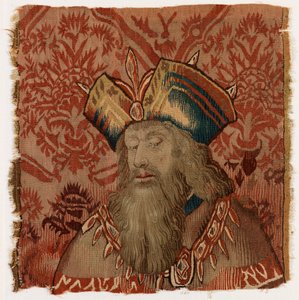 Painel de tapeçaria representando a cabeça de um padre ou de um rei, fabricado possivelmente em Tournai, Bélgica, possivelmente no início do século XVI (lã) de Belgian School