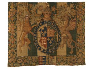Tapeçaria com as armas reais de Eduardo VI e as armas de le Grys, fabricada provavelmente em Enghien, Flandres, Bélgica, c.1547-53 (lã) de Belgian School