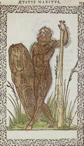 O homem selvagem, a partir de quase todas as nações e países modernos na postura e uma estátua por Jean Sluperji, Antuérpia, 1572 (woodcut da cor) de Belgian School