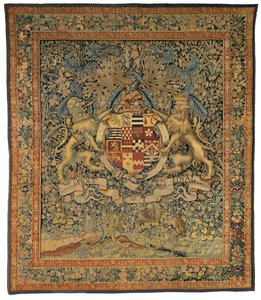 Tapeçaria de verdura com as armas de Robert Dudley, conde de Leicester (um de um par com 47.1), feita na Flandres, Bélgica, cerca de 1570-85 (lã e seda) de Belgian School