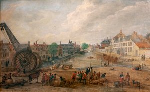 Vista de Ghent Lievekaai e Augustijnenkaai com uma grua de madeira, cópia de uma pintura do século XVIII de Engelbert van Siclers de Belgian School