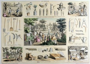 Representação educacional de jardinagem, com ilustrações de ferramentas de jardinagem e cenas mostrando as atividades apropriadas para cada estação (gravura colorida) de Belin and Bethmont