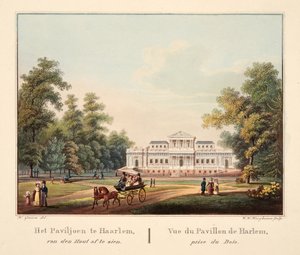 O pavilhão em Jaarlem, van den Hout para ver. Vue du Pavillon de Harlem, prêmio de Bois, 1825 (gravura colorida à mão) de Bendrik Greeven