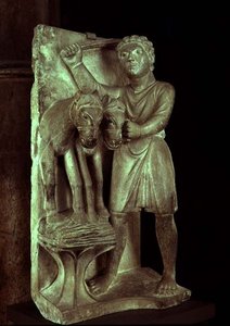 Threshing Wheat: Julho de um calendário estatuário do Laboratório dos Meses, c.1200 (pedra)