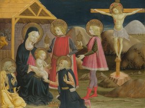 A adoração dos reis e a crucificação. Por volta de 1465-75 de Benedetto Bonfigli
