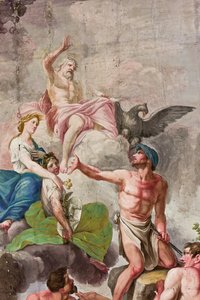 Representação alegórica do Olimpo com Júpiter, Ceres e Vulcan, detalhe da Apoteose do trabalho, agricultura, artes e ciências (fresco) de Benedetto Cotarti