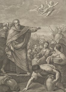 Moisés à esquerda com os israelitas que recolhem o maná ao cair do céu, dois anjos ab..., 1776 de Benedetto Eredi
