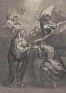 Placa 6: O sonho de São José, com a Virgem Maria à esquerda e um anjo acima que aponta ..., 1777 de Benedetto Eredi