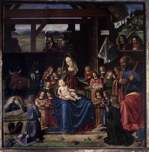 A natividade. Pintura de Benedetto Ghirlandaio (1458-1497). Óleo sobre madeira. Dim: 147x144cm. Igreja de Aigueperse de Benedetto Ghirlandaio