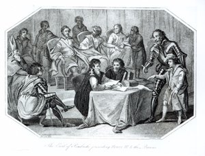 O conde de Pembroke apresentando Henry III (1207-72) aos Barões, 1216 gravada por Saunders de Benezach