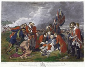 Morte do General Wolfe", segundo pintura de Benjamin West. James Wolfe (1727-1759), comandante do exército britânico, ferido mortalmente aquando da vitória sobre os franceses na Batalha das Planícies de Abraão, no Quebeque. Guerra dos Sete Anos Canadá Fran