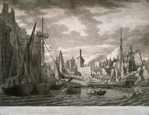 Vista da área de Ratcliffe, Londres, mostrando as ruínas após o incêndio de 23 de julho de 1794 de Benjamin Burnell
