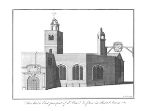 A perspectiva do sudeste de São Pedro Le Poor em Broad Street., C1756