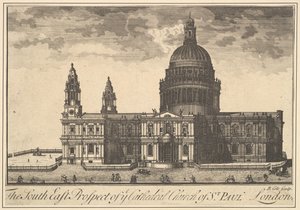 A perspectiva do sudeste da igreja da catedral de St. Paul, perspectivas de Londres Overtons, 1720-30.