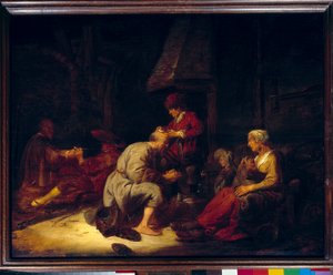 Na operação, um cirurgião lupa operando um de seus pacientes na cabeça. Pintura de Benjamin Gerritsz Cuyp