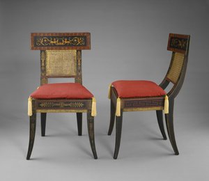 Par de cadeiras laterais, c. 1808 (álamo amarelo gesso, pintado e dourado, carvalho, bordo e pinho branco oriental com cana)