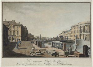 Vista da Ponte Verde em São Petersburgo - Benjamin Paterssen (1748-1815). Gravura, aguarela, depois de 1808. Museu Estadual de História de São Petersburgo