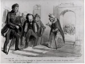 Dumas, Hugo et Balzac buscando sua admissão à Academia Francesa, ilustração de &39;La Mode&39;, 23 de novembro de 1839 (gravura) (foto bw)