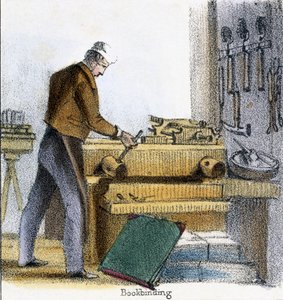 O Bookbinder, do menino, vaca e bezerro em ilustrações gráficas de animais - mostrando sua utilidade para o homem em seu emprego durante a vida e usa após a morte, c.1845