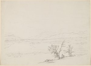 Uma paisagem alpina com um casal sentado por árvores com vista para um vale de Benjamin West