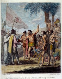 Um cacique indiano da ilha de Cuba dá as boas-vindas a Cristóvão Colombo (1451-1506) e a representantes militares e eclesiásticos europeus para discutir a criação de um novo Estado. Frontispício da "História Civil e Comercial das Colónias Britânicas do W de Benjamin West