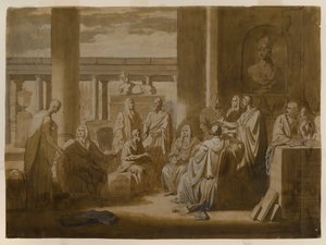 Know Thy Self, 1768 (tinta de lavagem de ferro, impasto de óleo e lavagens em papel de marfim) de Benjamin West