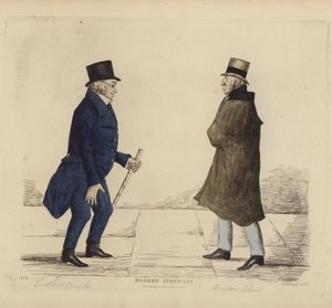 Eminentes edinburgueses, também conhecidos como atenienses modernos, Tenente-General George R Ainslie, Bindon Blood, Esq, de Cranacher (gravura a cores) de Benjamin William Crombie